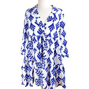 Zara Sm Oversized Dress Baby Doll Deep-V Neck White Blue Floral Boho